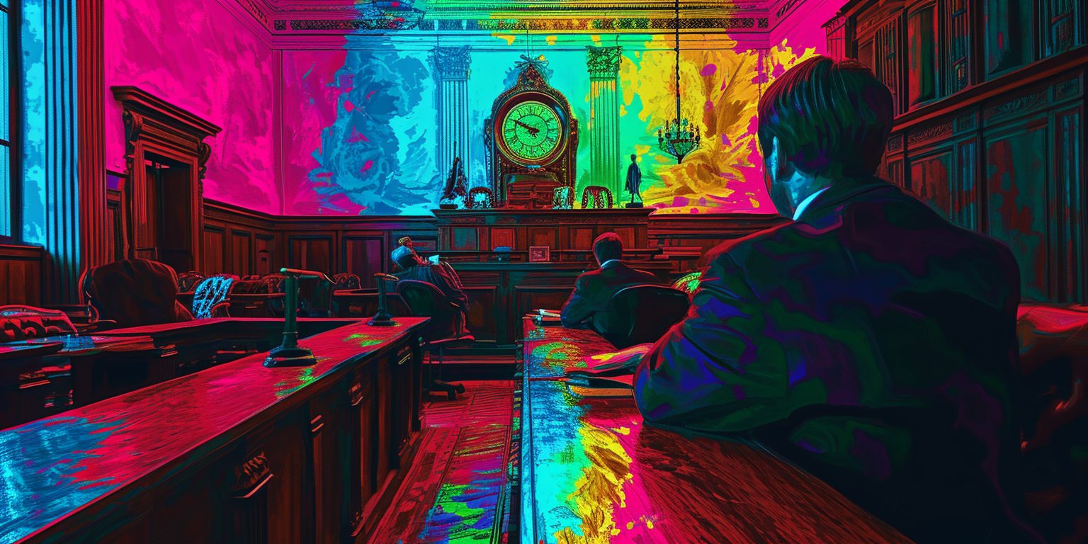 Vibrant courtroom scene with colorful lighting, featuring a large clock and figures seated at wooden desks.