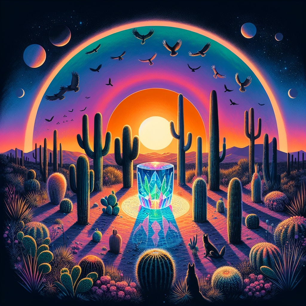 A vibrant desert scene at sunset, featuring cacti, soaring birds, and a glowing crystal surrounded by colorful light.