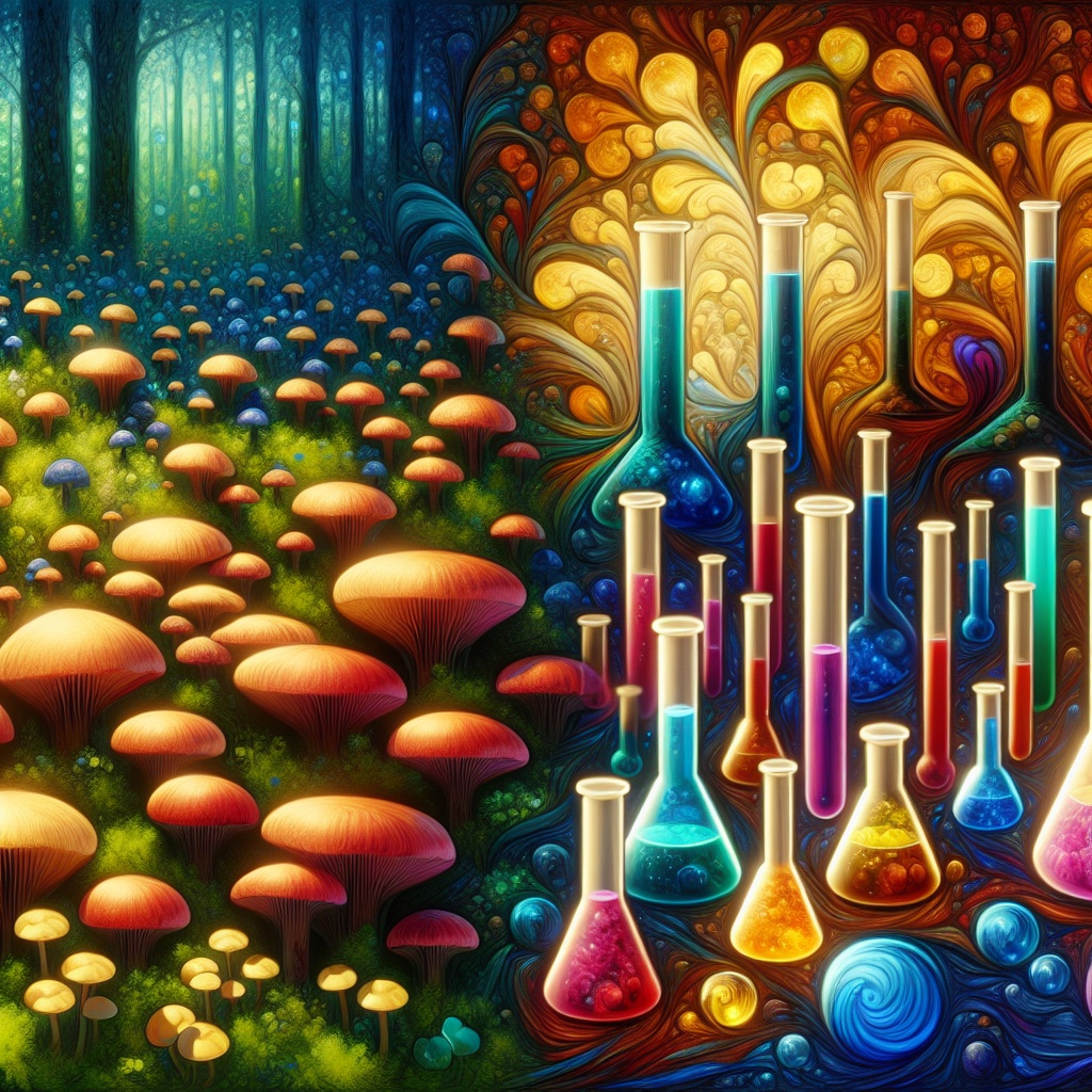 Vibrant forest scene with colorful mushrooms on one side and glowing, swirling potion-filled flasks on the other.