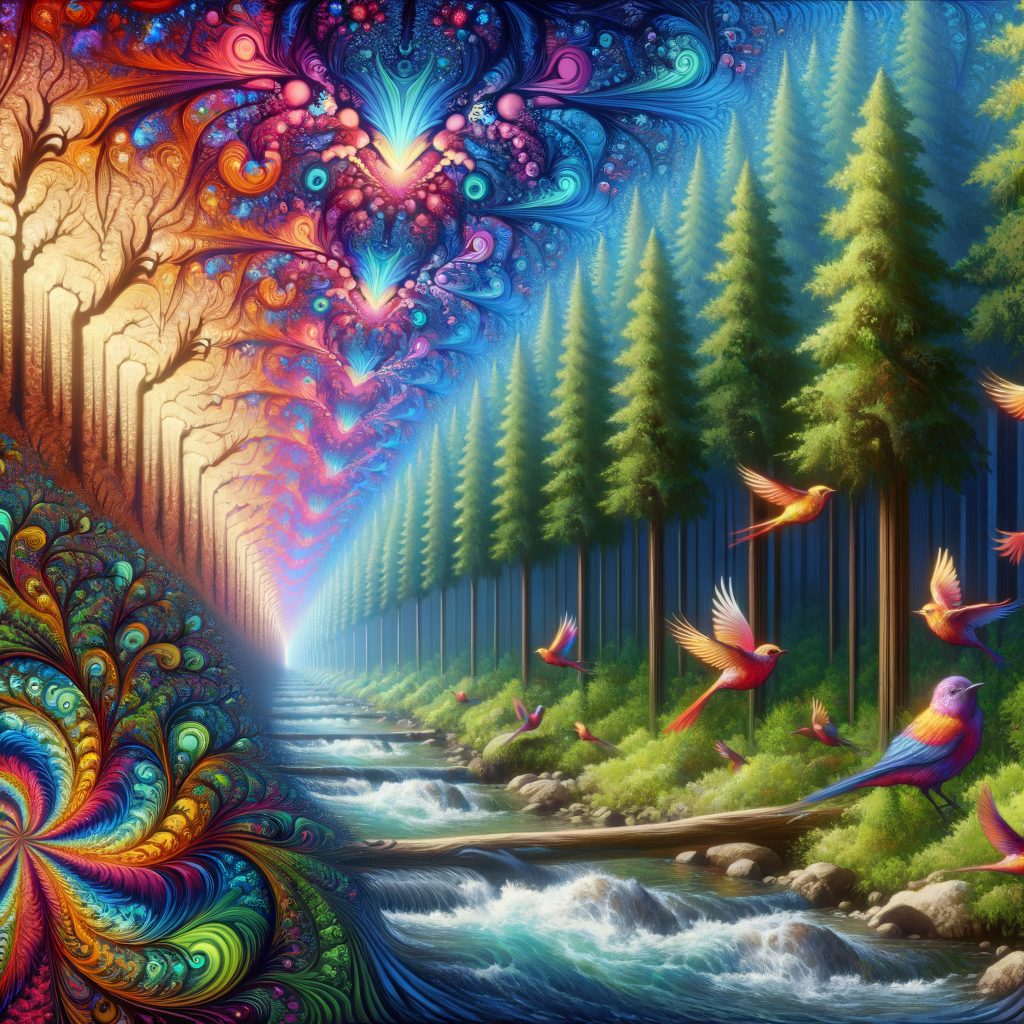 Vibrant fractal landscape with colorful trees, a flowing river, and birds soaring amidst a surreal, dreamlike atmosphere.