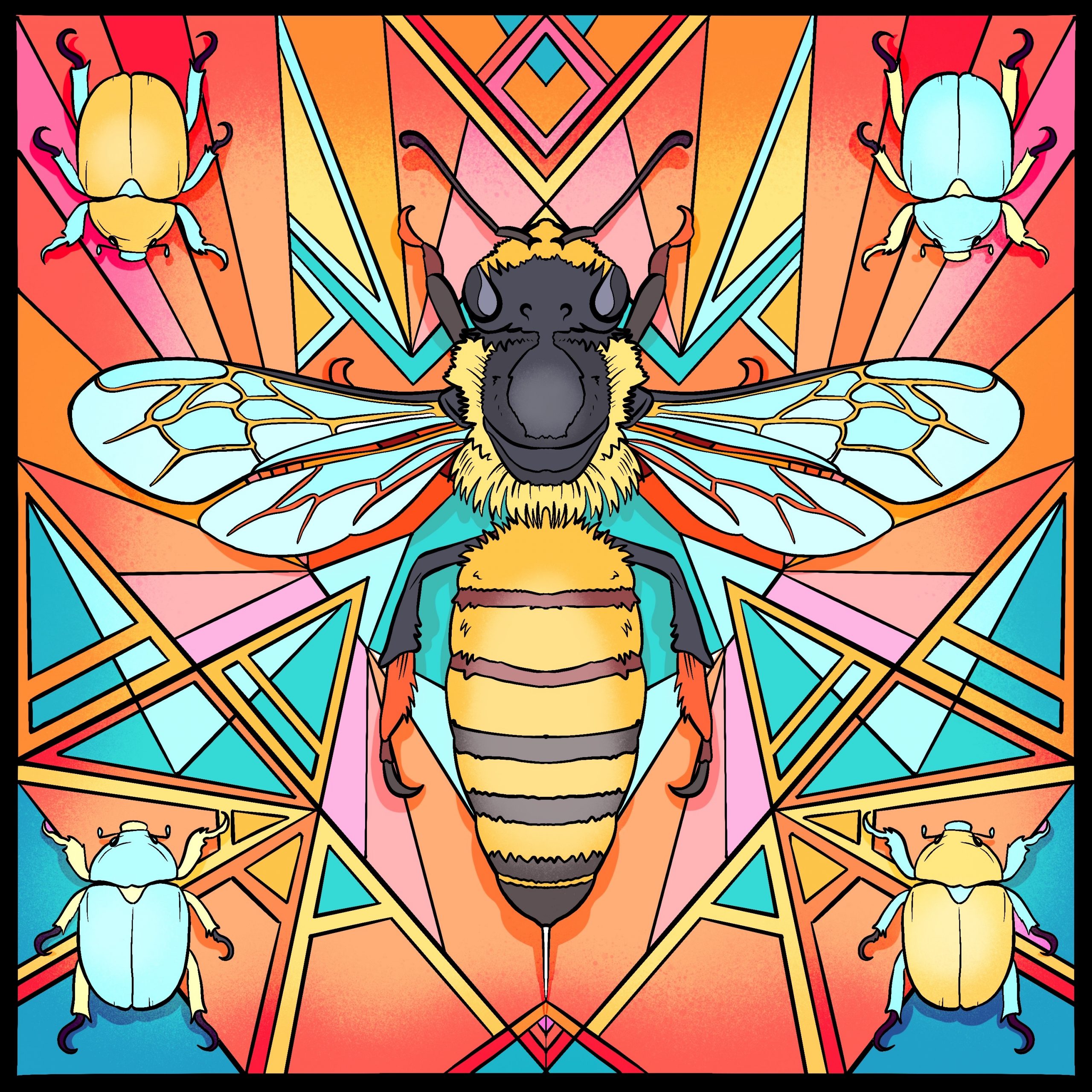 A vibrant geometric design featuring a large bee at the center, surrounded by colorful beetles and angular patterns.