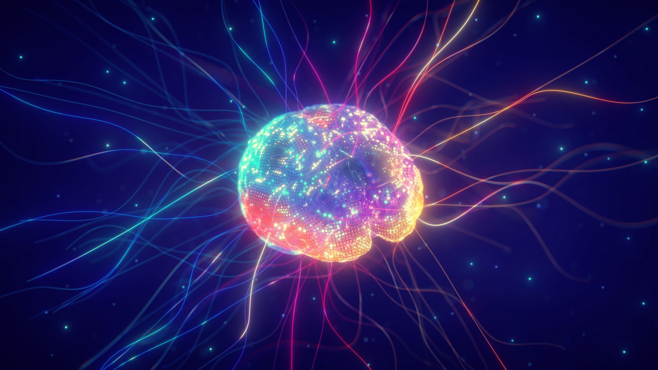 A vibrant, glowing brain surrounded by colorful, flowing lines of light against a dark background.