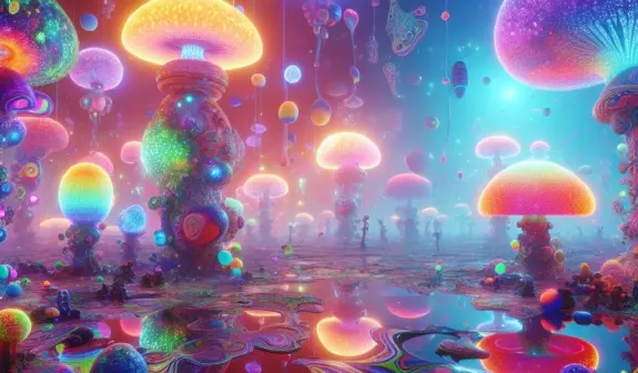 Vibrant, glowing mushrooms in a surreal landscape, reflecting in a colorful, shimmering pool of water.