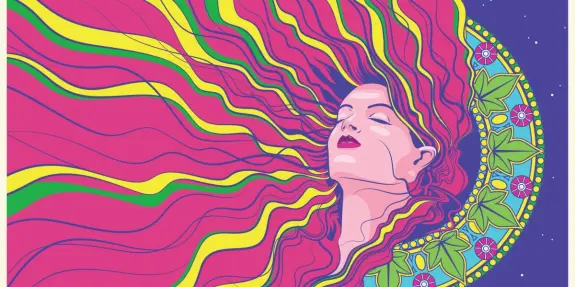 Vibrant illustration of a woman with flowing, colorful hair against a starry background, surrounded by floral patterns.