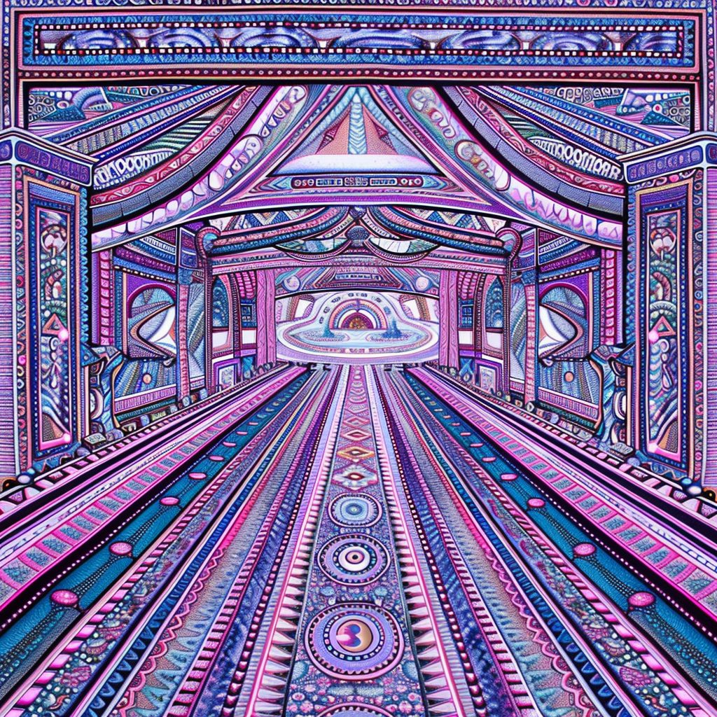 Vibrant, intricate interior with geometric patterns in pink and purple, featuring a central circular design and ornate det...