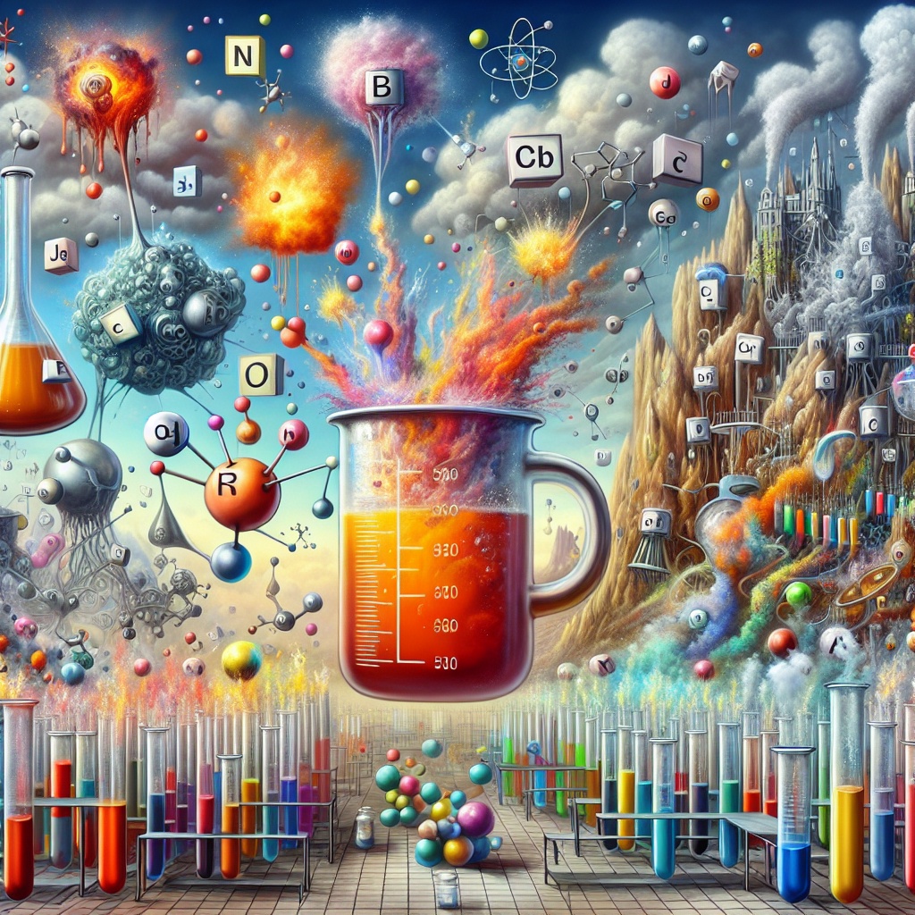 A vibrant laboratory scene with colorful beakers, swirling chemical reactions, and abstract molecular structures.