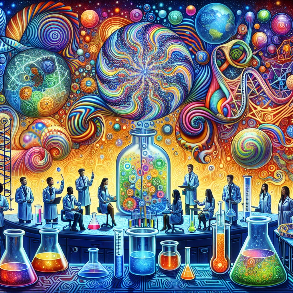 Vibrant laboratory scene with scientists conducting experiments amidst swirling colors and cosmic patterns.