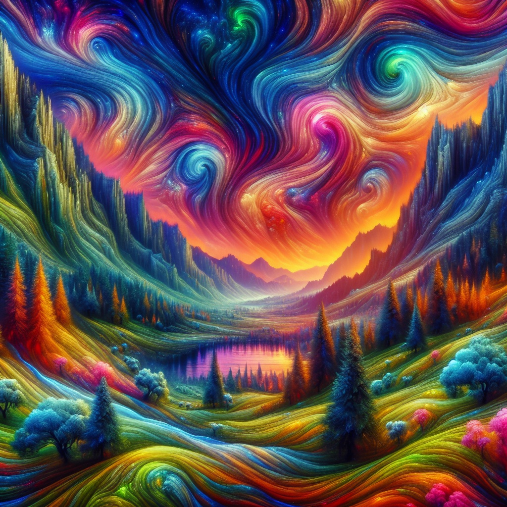 Vibrant landscape with swirling colors in the sky, lush valleys, and a serene lake surrounded by colorful trees.