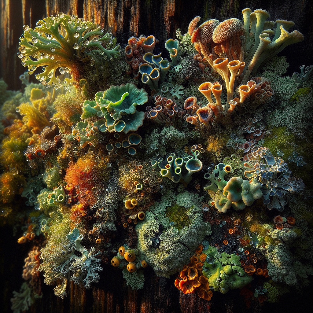 Vibrant lichen and fungi cluster on a weathered log, showcasing intricate textures and a rich palette of colors.