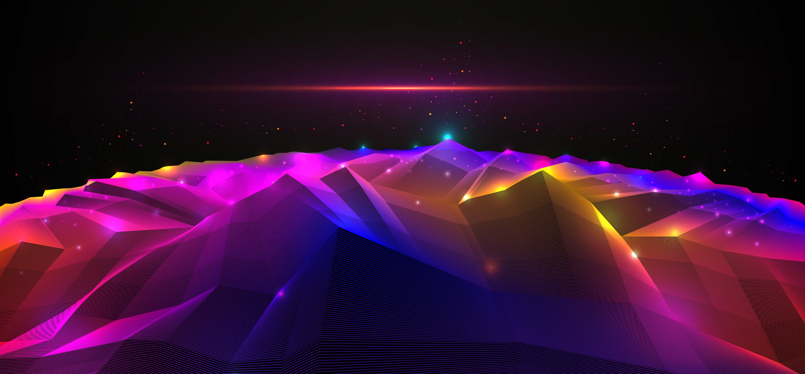 Vibrant, multicolored 3D landscape with sharp peaks and glowing highlights against a dark background.