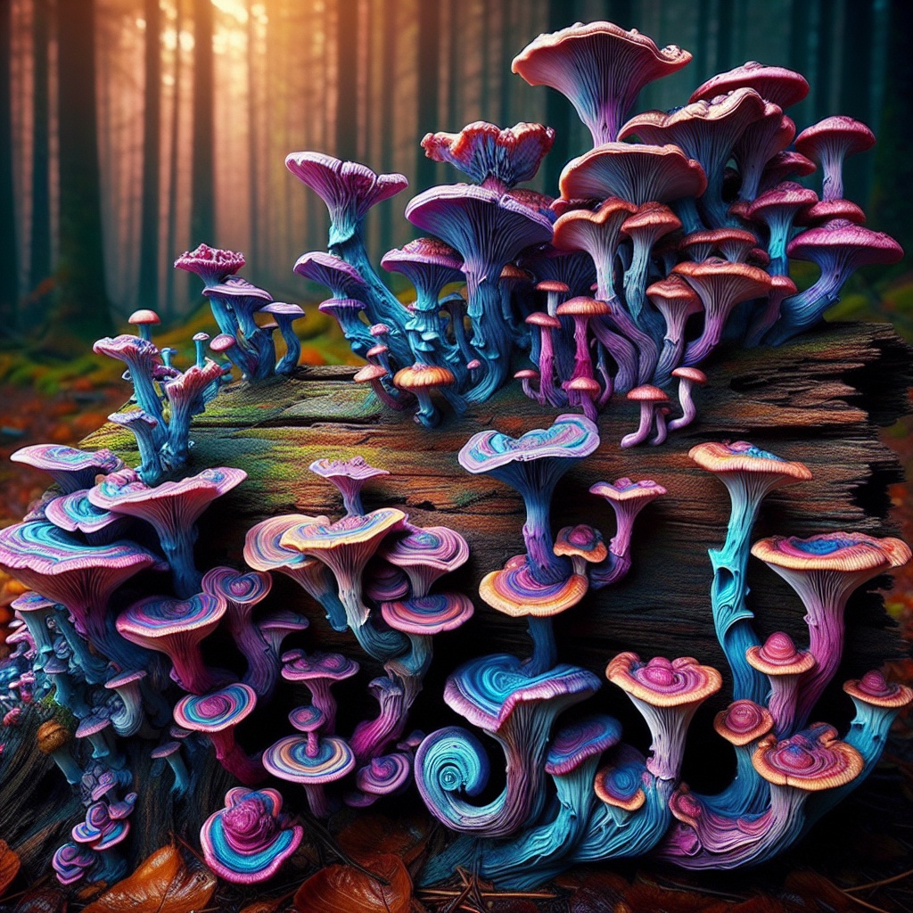 Vibrant, multicolored mushrooms cluster on a mossy log in a misty forest, surrounded by soft, diffused light.
