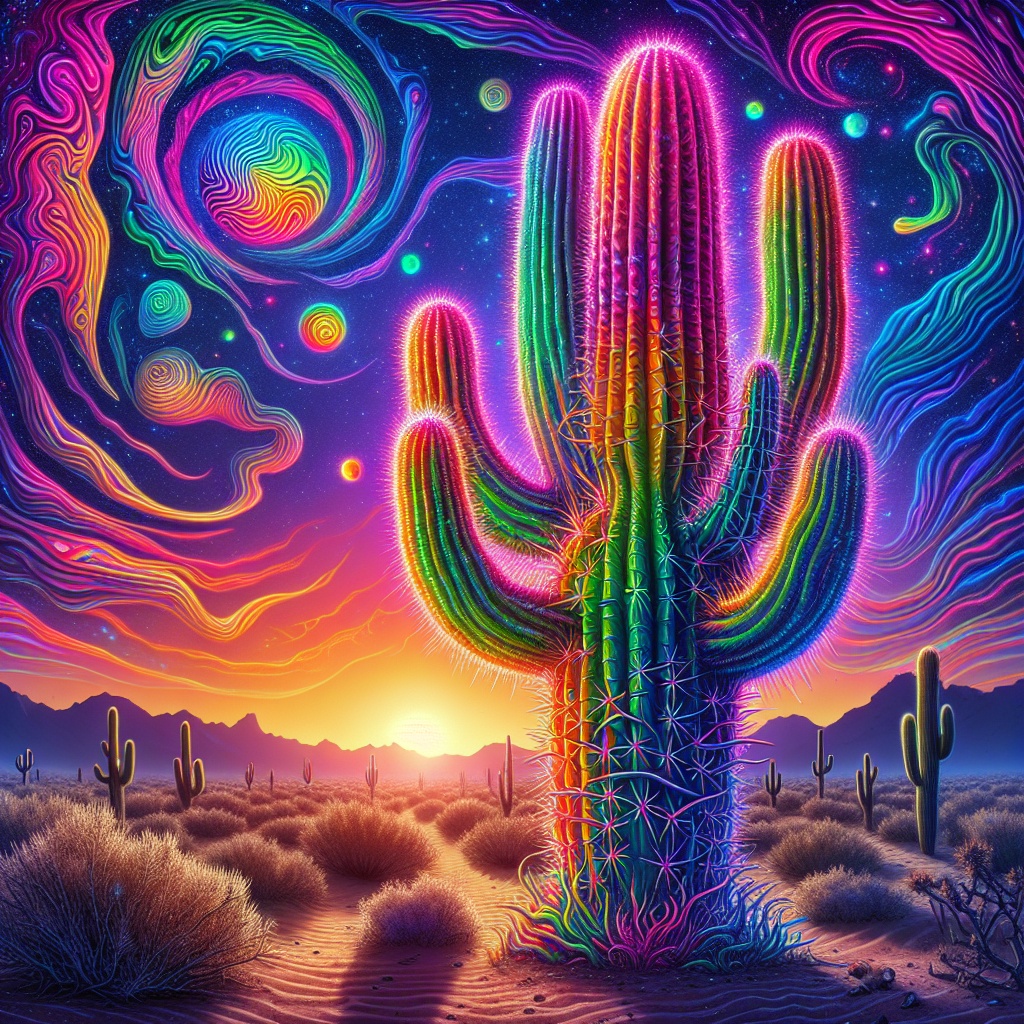 A vibrant, neon cactus stands against a swirling galaxy and sunset, surrounded by desert landscape and distant mountains.