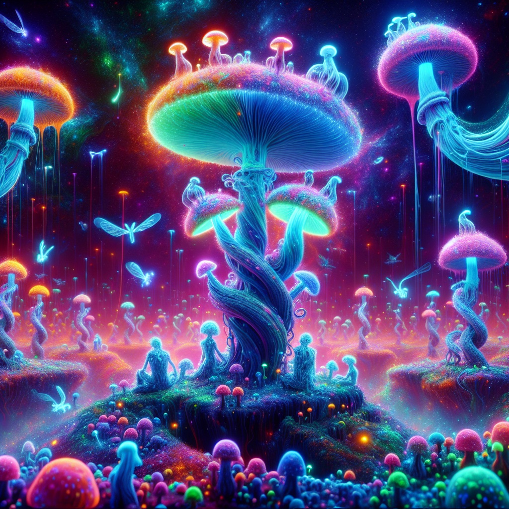 Vibrant, oversized mushrooms glow in a cosmic landscape, surrounded by colorful flora and ethereal butterflies.