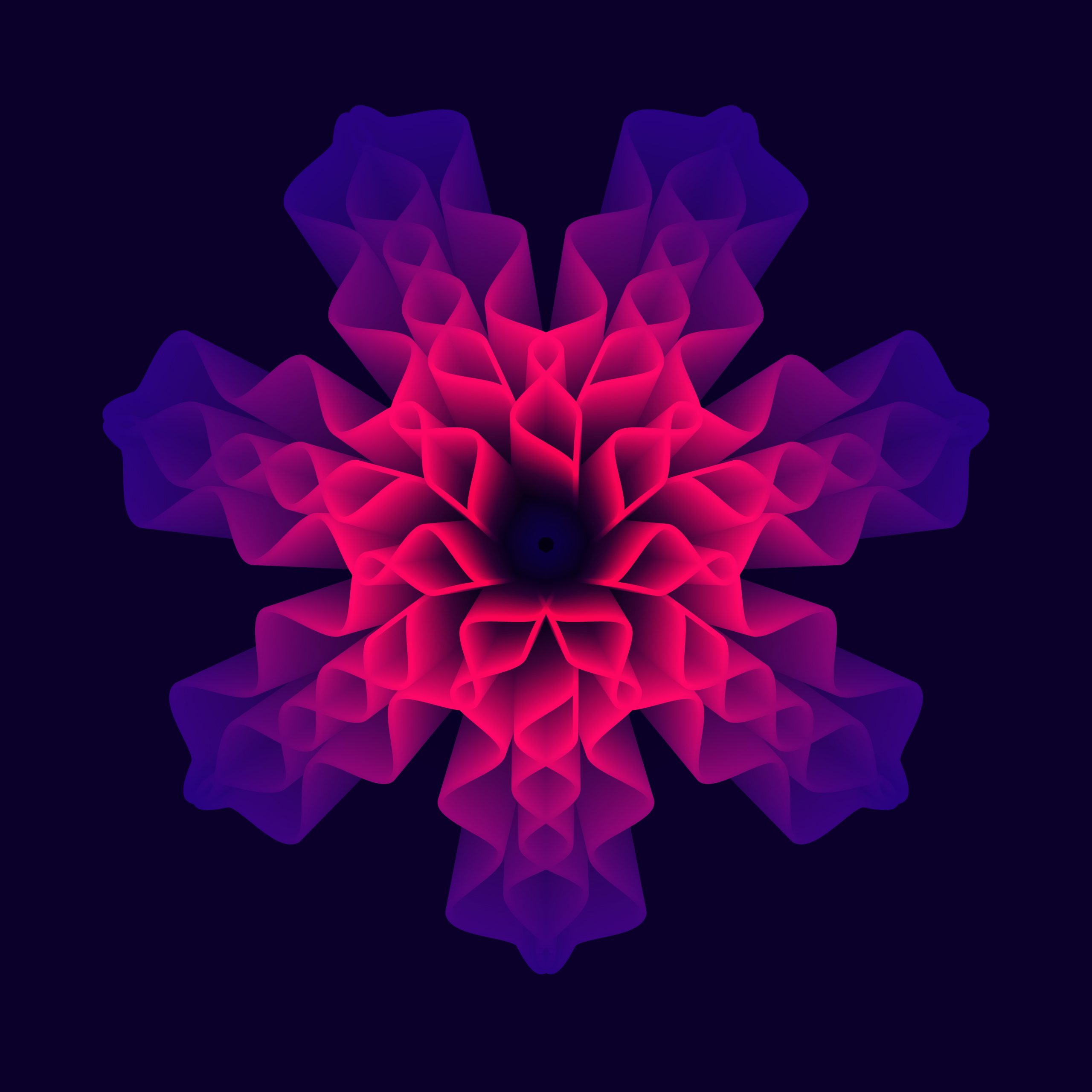 Vibrant pink and purple geometric flower shape with layered, wavy petals against a dark background.