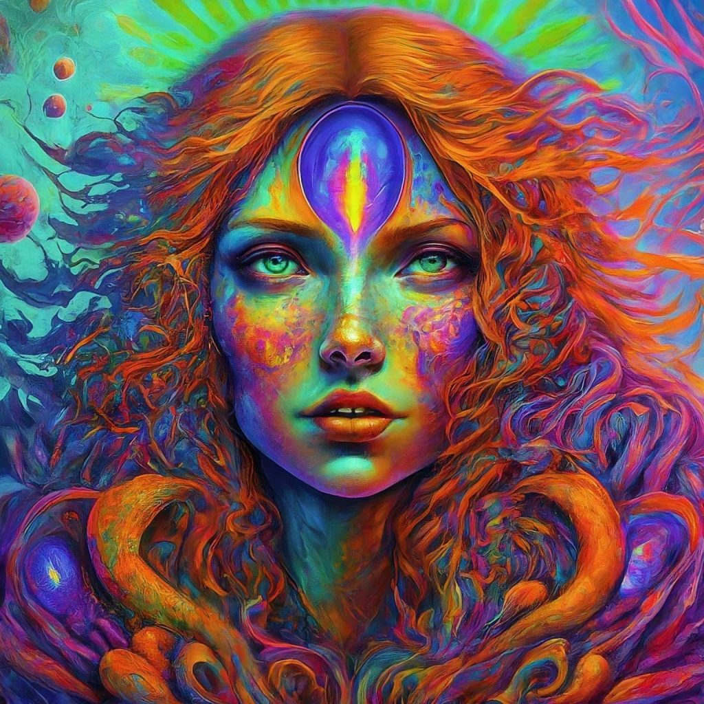 Vibrant portrait of a woman with colorful hair and mystical features, surrounded by swirling patterns and cosmic elements.