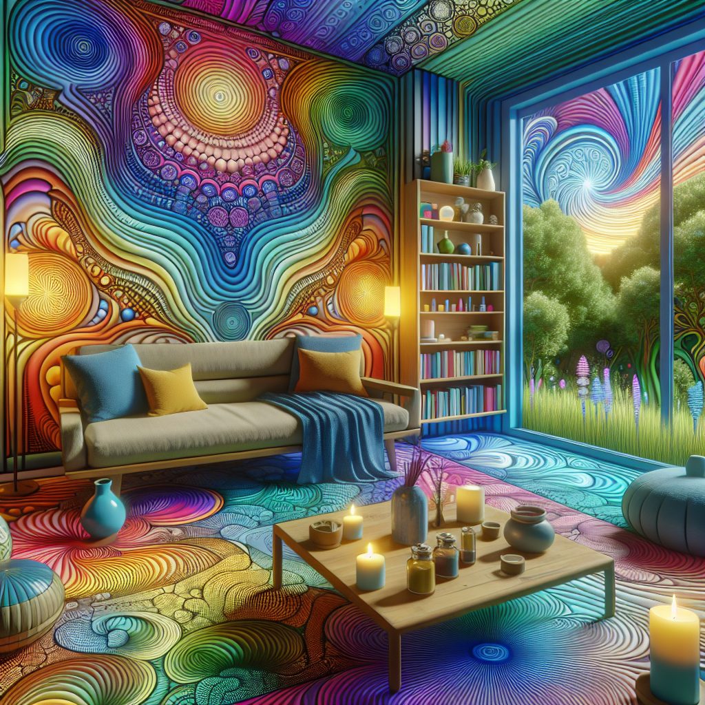 Vibrant, psychedelic living room with swirling patterns, colorful walls, a cozy sofa, and a view of lush greenery outside.