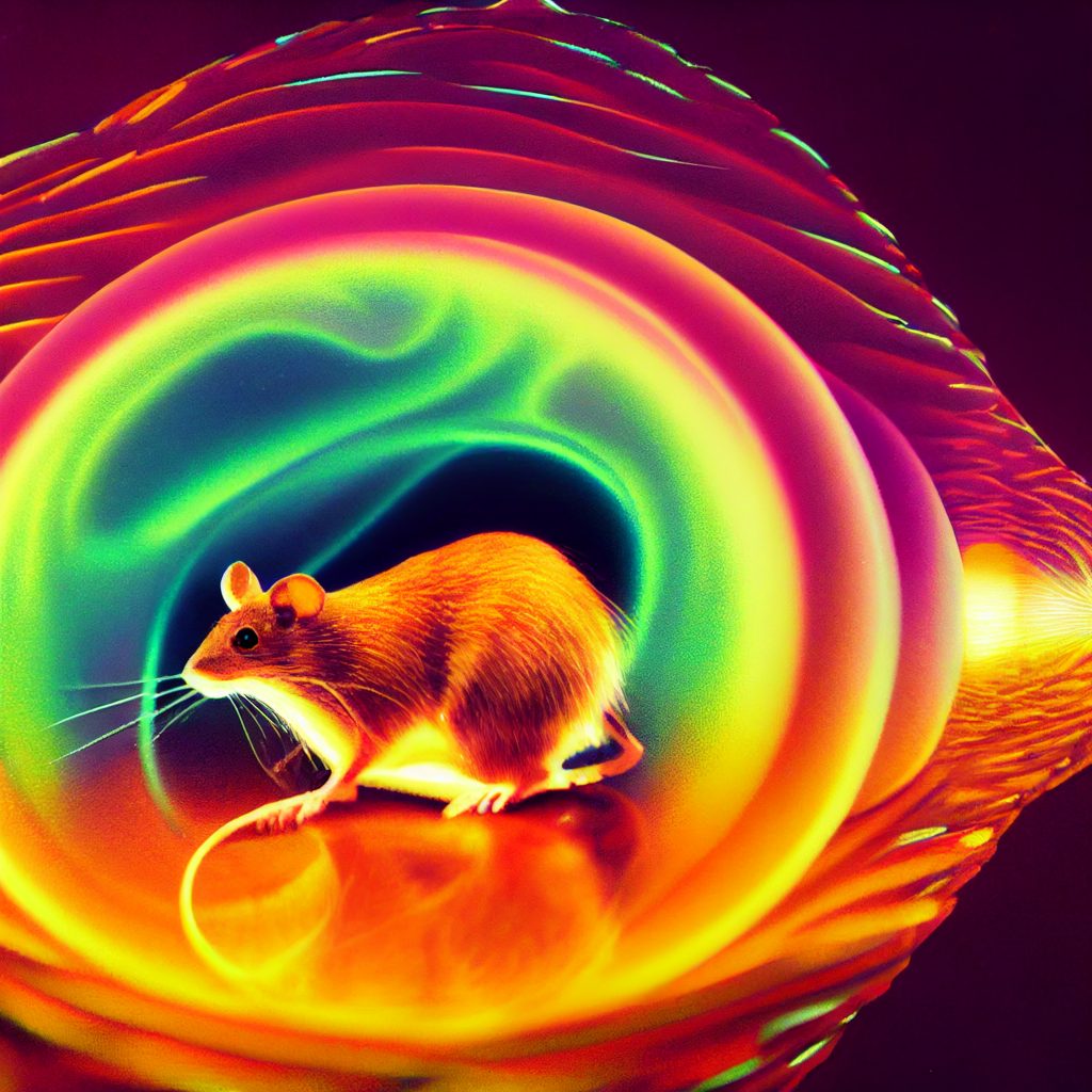 A vibrant, psychedelic swirl surrounds a small brown mouse, highlighting its curious posture and whiskers.
