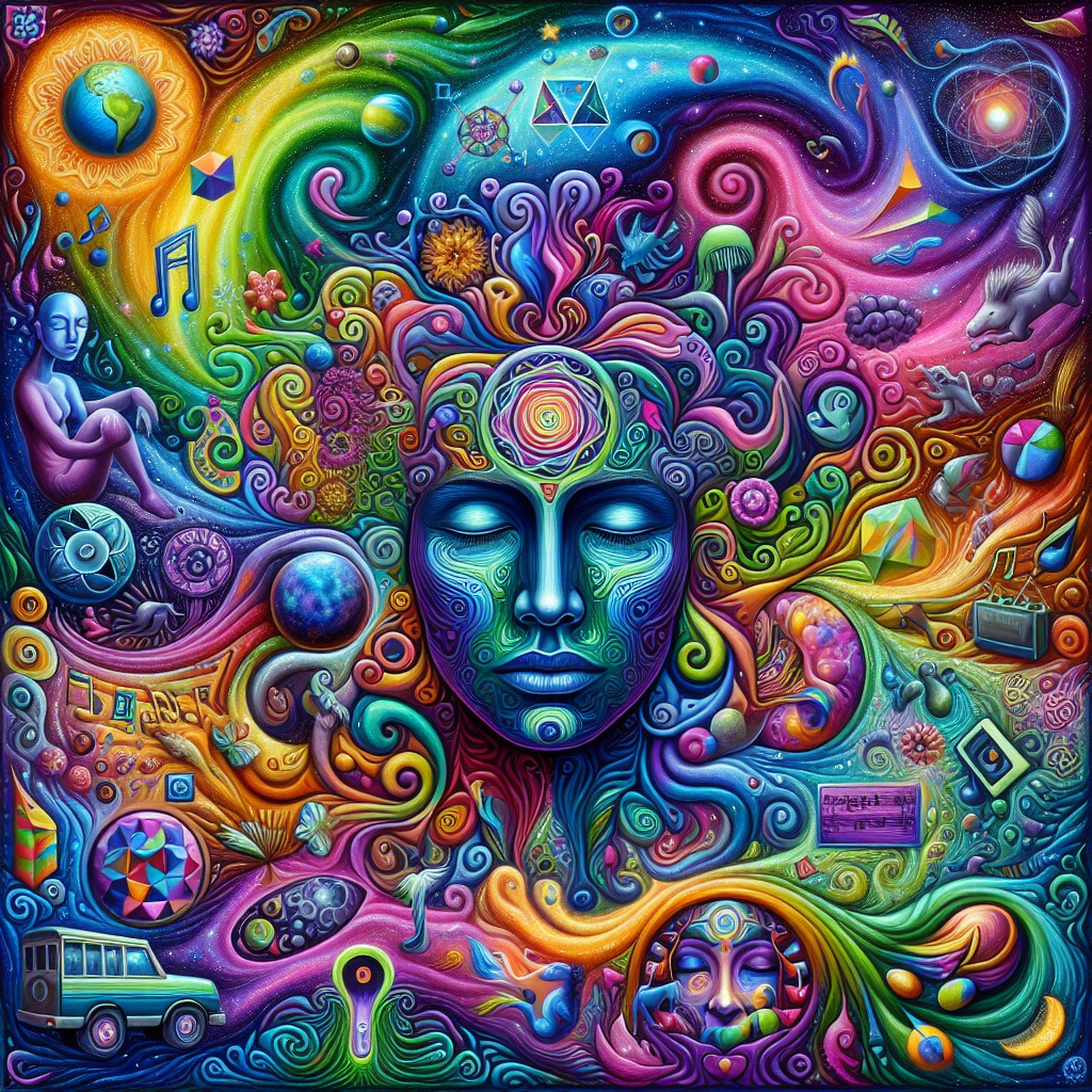 Vibrant, surreal artwork featuring a serene face surrounded by colorful swirls, cosmic elements, and abstract shapes.