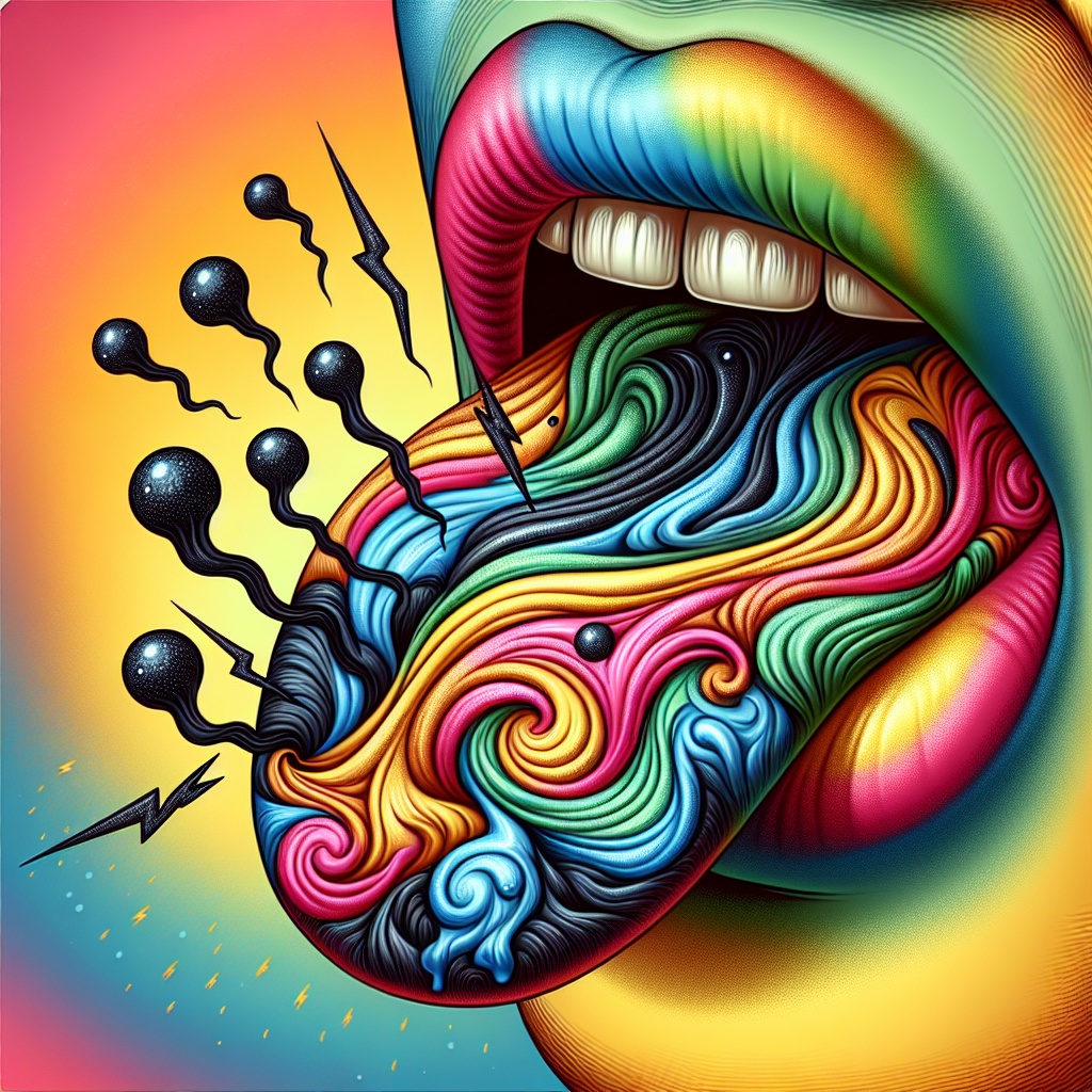 A vibrant, surreal depiction of a mouth with a colorful, swirling tongue, emitting lightning bolts and abstract shapes.