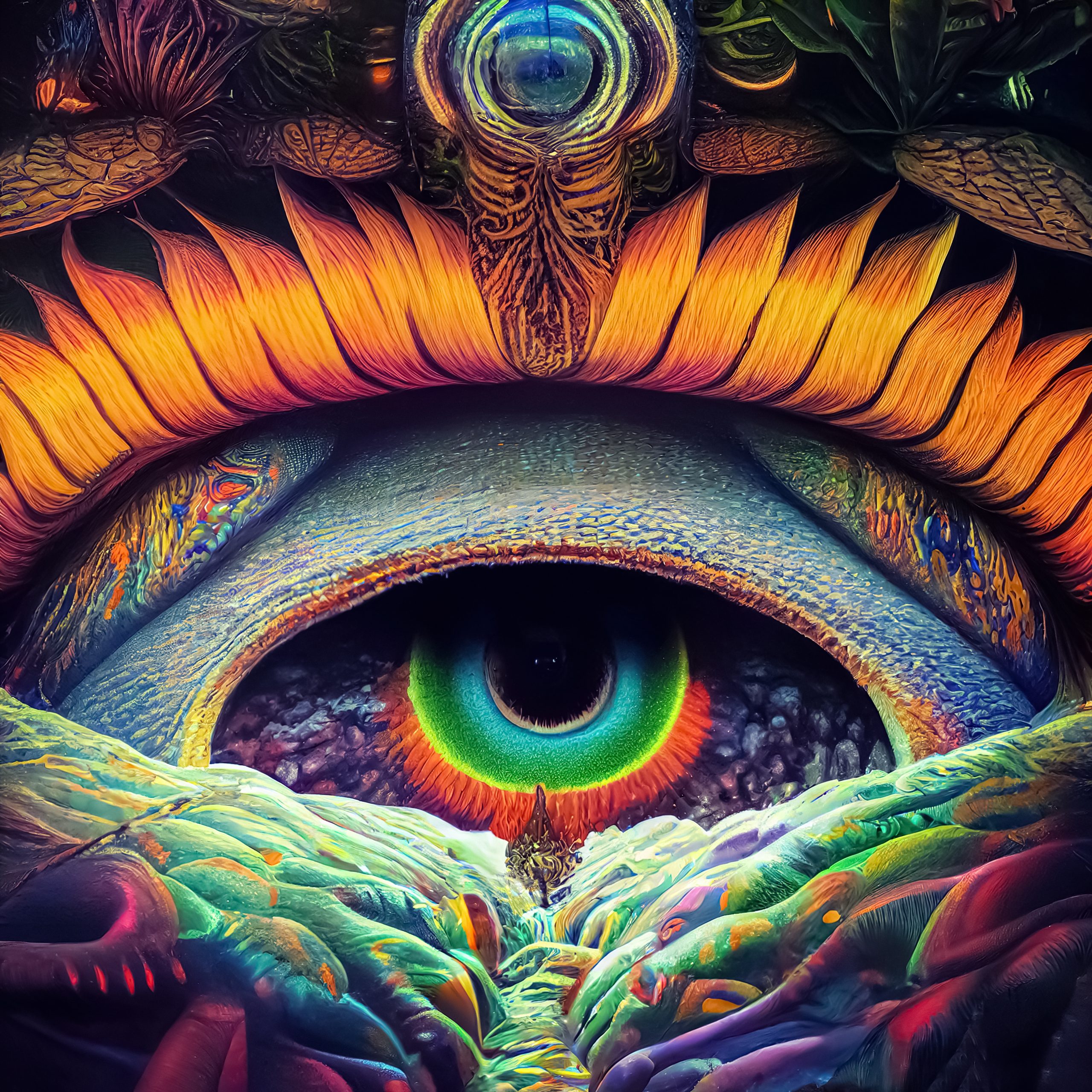 A vibrant, surreal eye surrounded by colorful, intricate patterns and textures, evoking a sense of wonder.