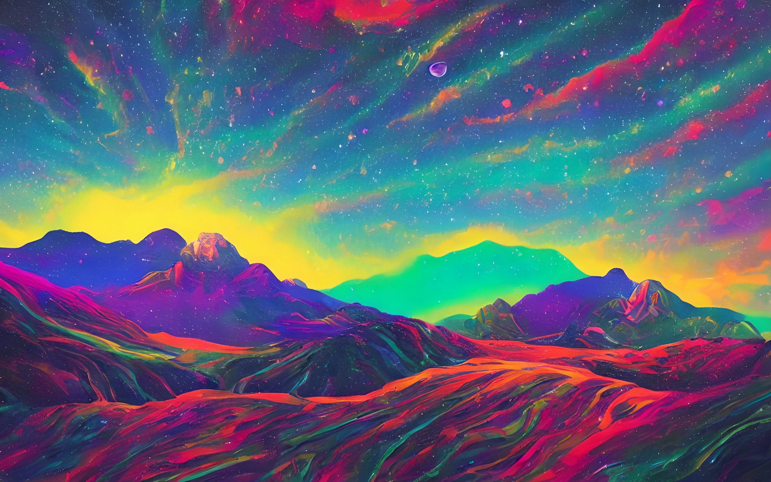 Vibrant, surreal landscape with colorful mountains and a cosmic sky filled with swirling clouds and stars.
