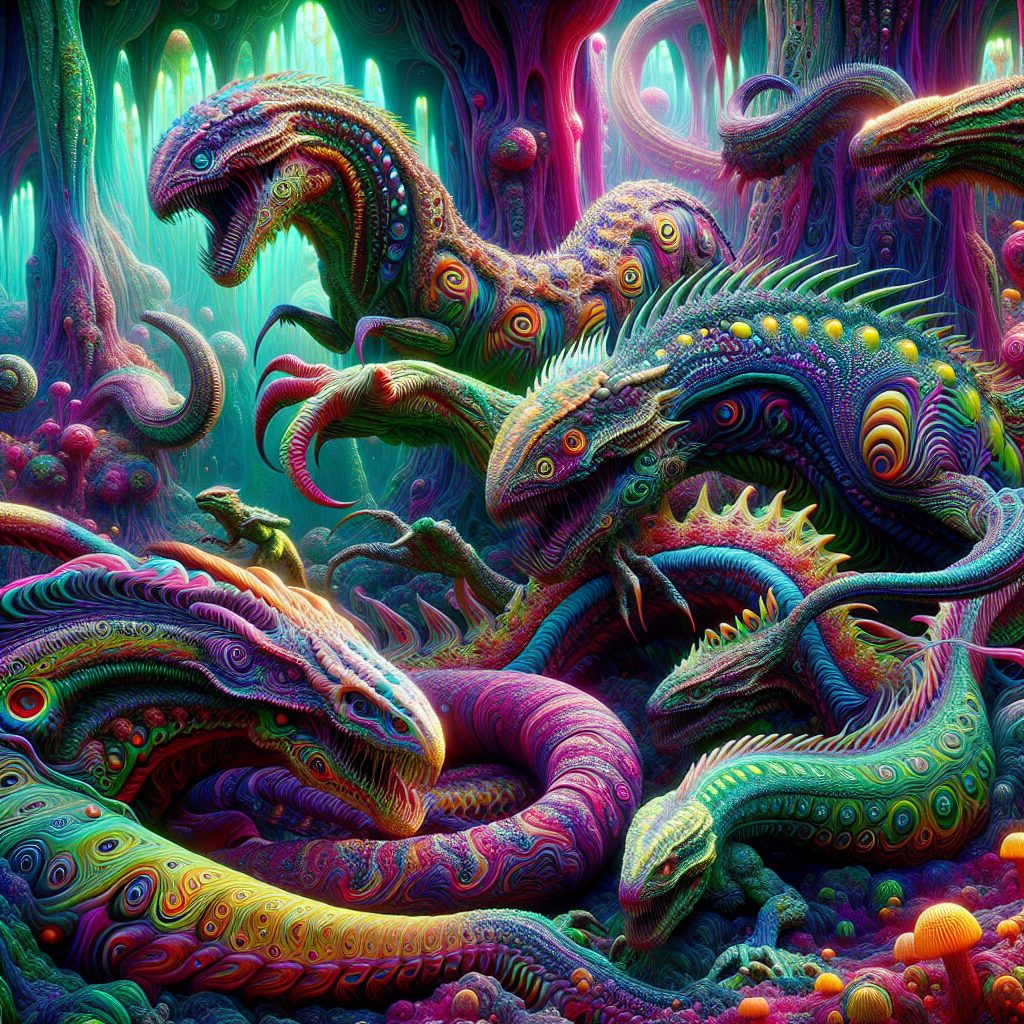 Vibrant, surreal scene featuring colorful, intricately patterned dinosaurs and reptiles in a fantastical, otherworldly env...