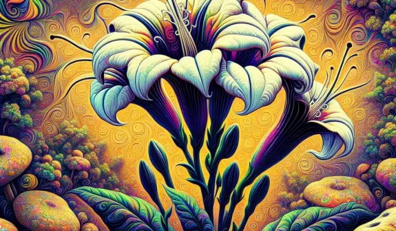 Vibrant, swirling abstract flowers in white and purple against a golden, textured background with colorful patterns.