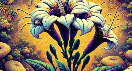 Vibrant, swirling abstract flowers in white and purple against a golden, textured background with colorful patterns.