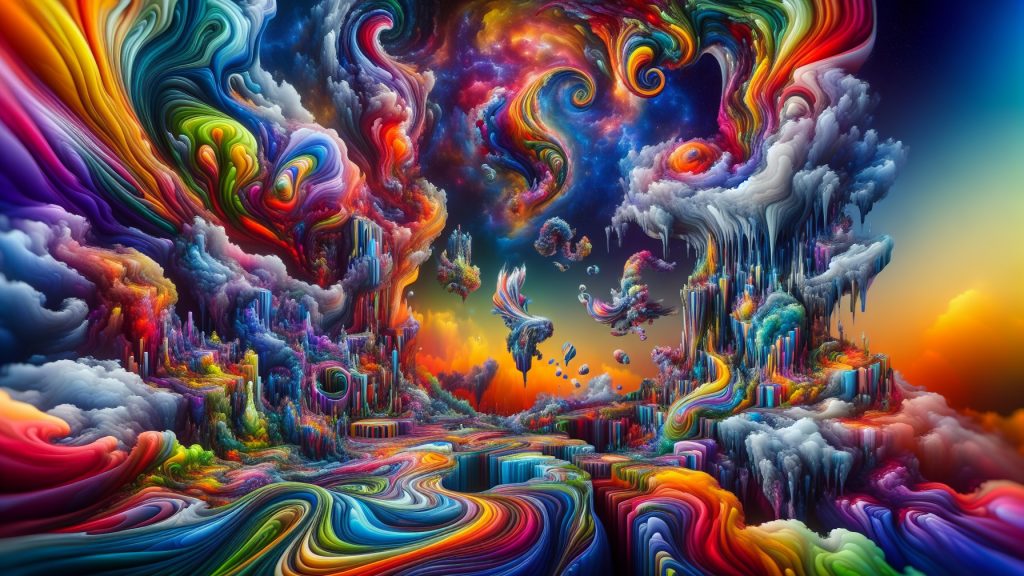 Vibrant, swirling clouds of color create a surreal landscape with floating formations against a cosmic backdrop.