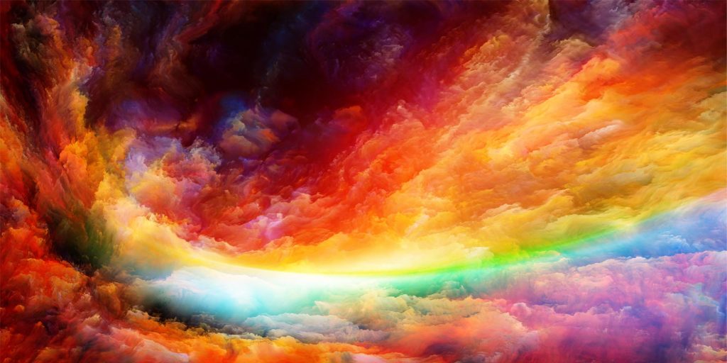 Vibrant, swirling clouds in shades of red, orange, and purple, with a bright, glowing arc of light cutting through.