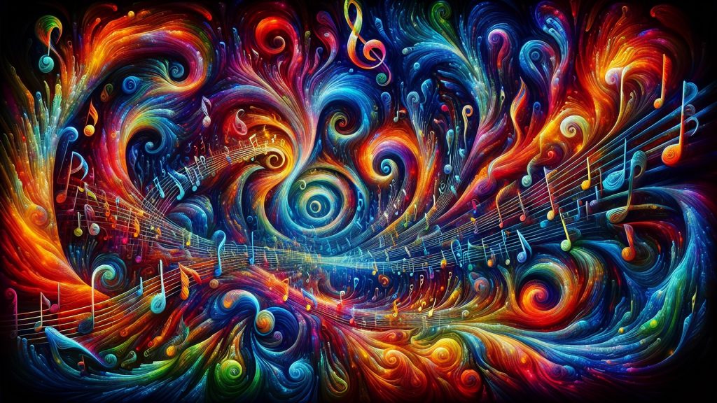 Vibrant swirling colors and musical notes create a dynamic, abstract representation of music and emotion.