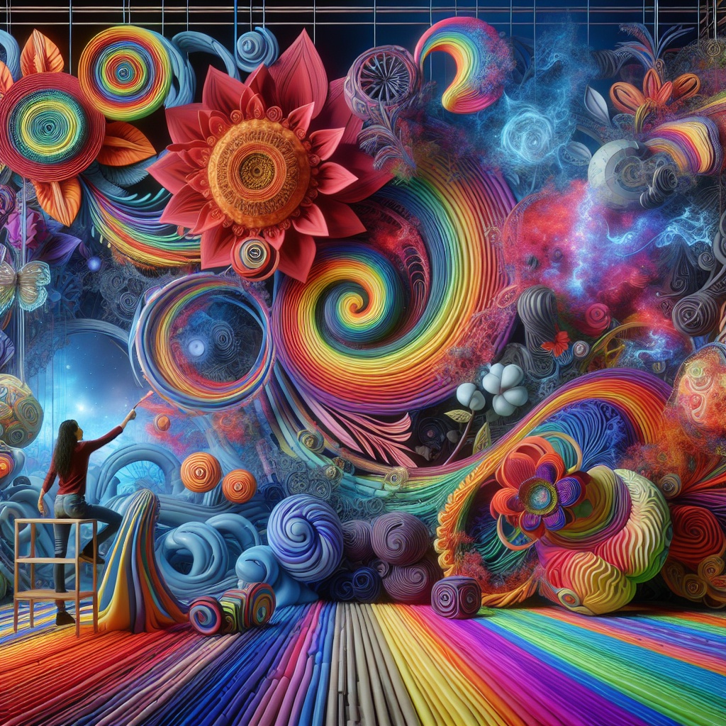 A vibrant, swirling mural filled with colorful patterns, flowers, and abstract shapes, with a person reaching out to it.