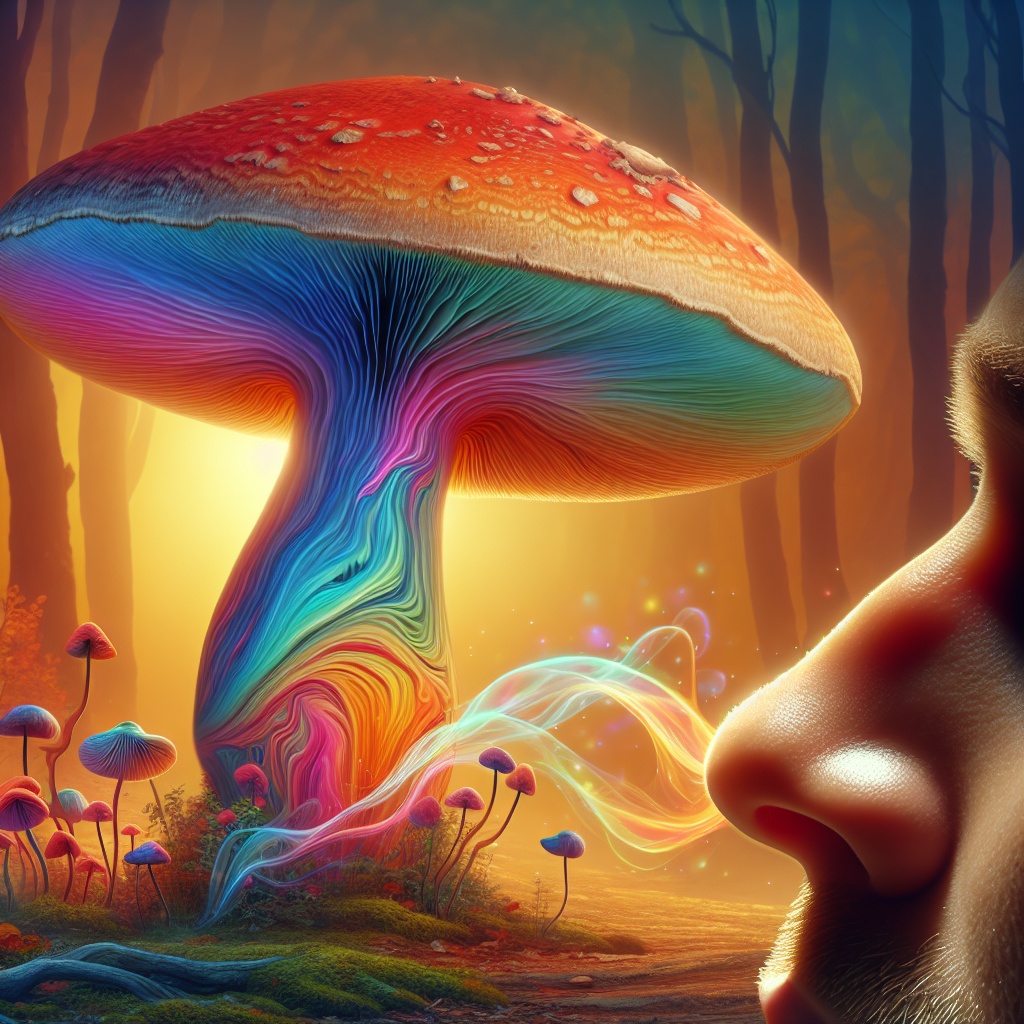 A vibrant, swirling mushroom glows in a mystical forest, with colorful spores drifting toward a contemplative face nearby.