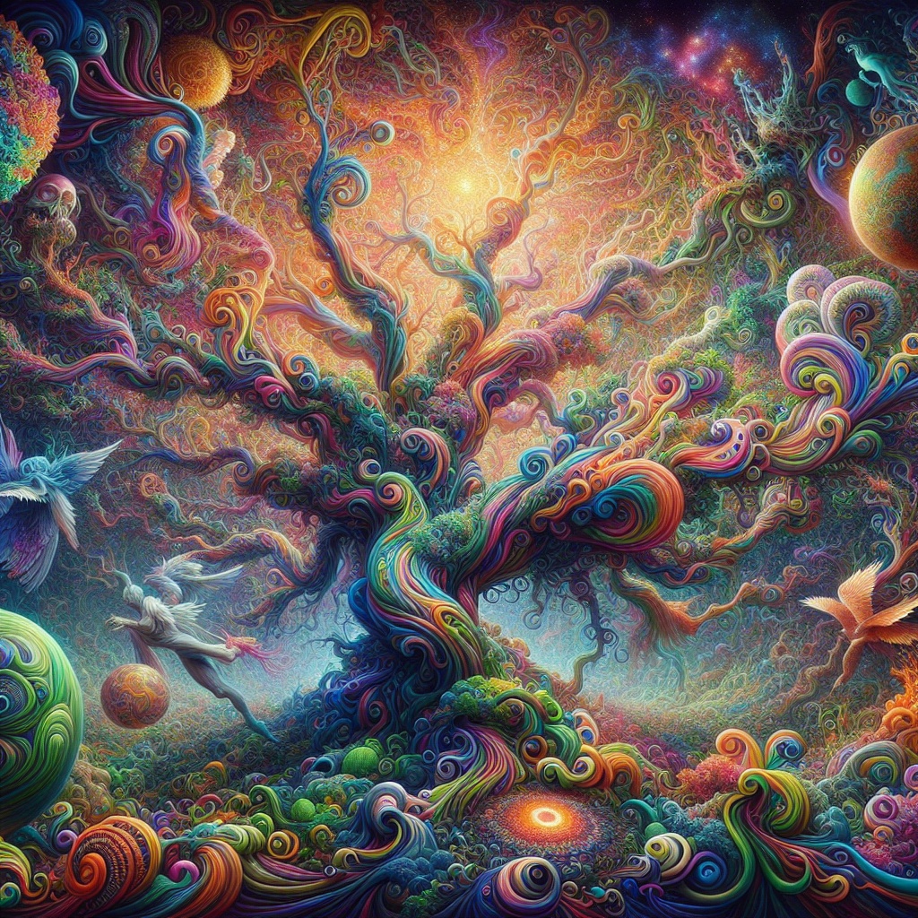 A vibrant, swirling tree with colorful branches and cosmic elements, surrounded by ethereal beings and planets.