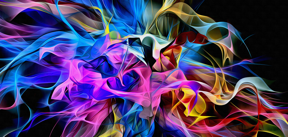 Vibrant swirls of blue, pink, and yellow create an abstract, flowing design against a dark background.