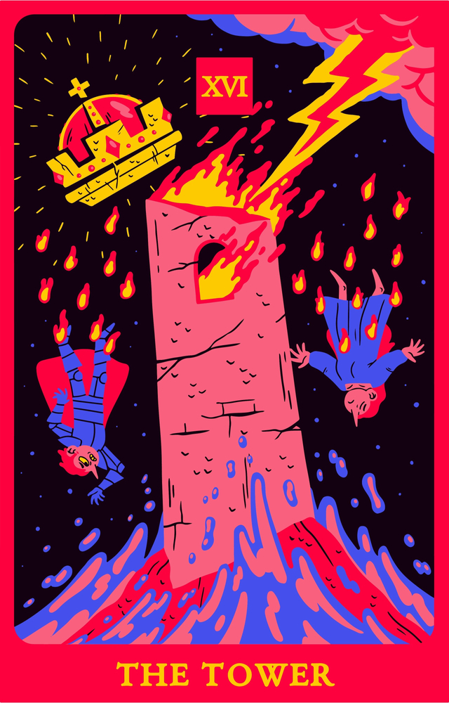 A vibrant tarot card depicting a tower engulfed in flames, with two figures falling and lightning striking above.