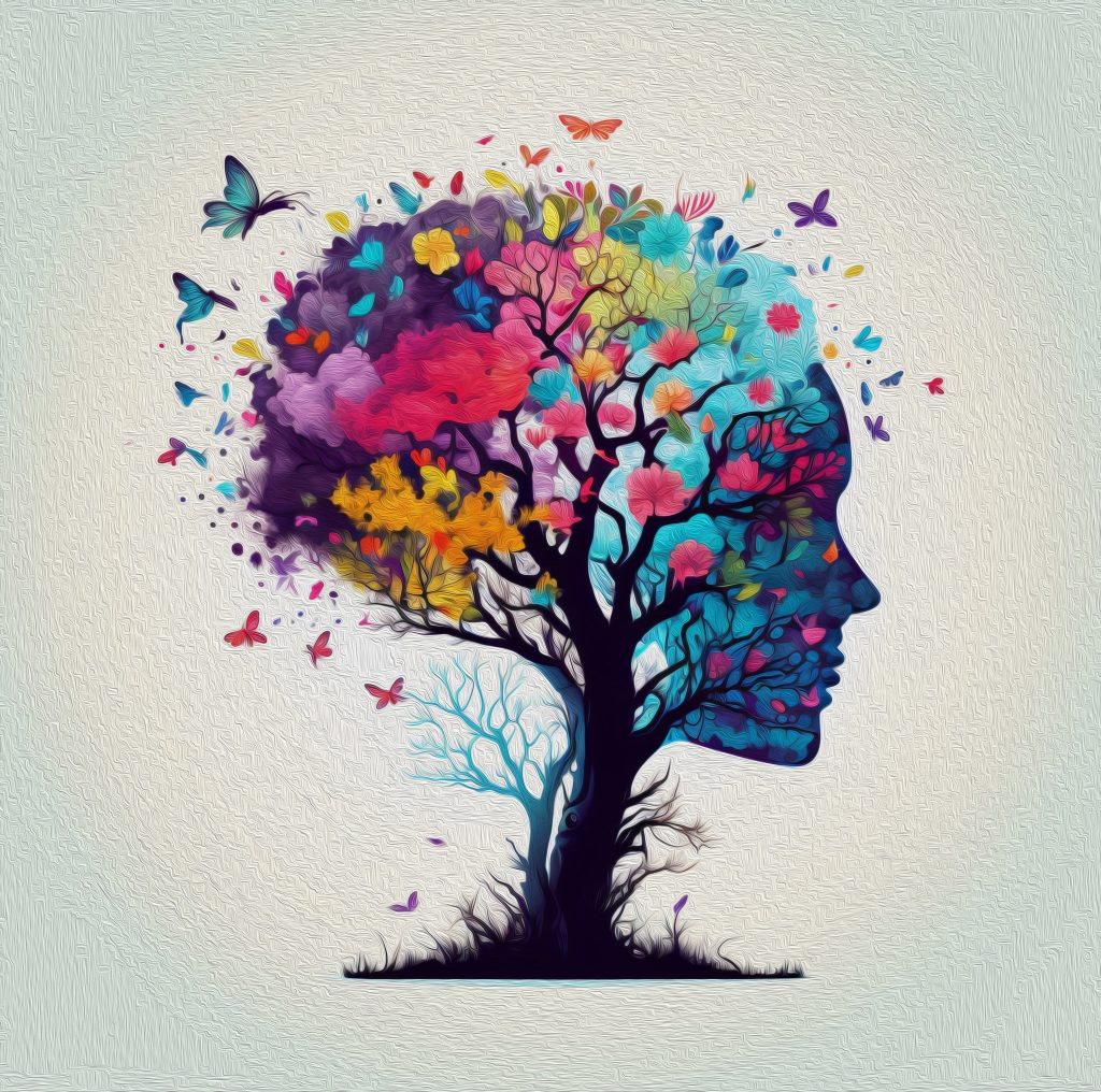 A vibrant tree with a colorful floral canopy shaped like a human profile, surrounded by butterflies.