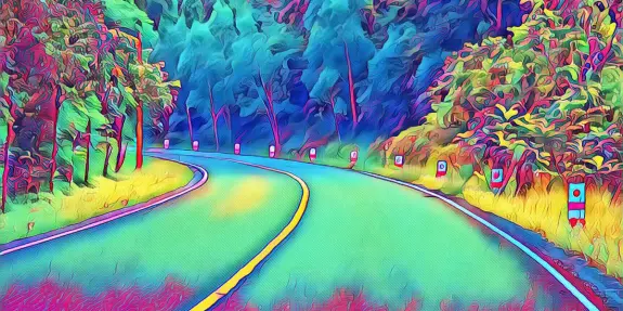 Vibrant, winding road surrounded by lush, colorful trees and reflective road signs under a bright, artistic sky.