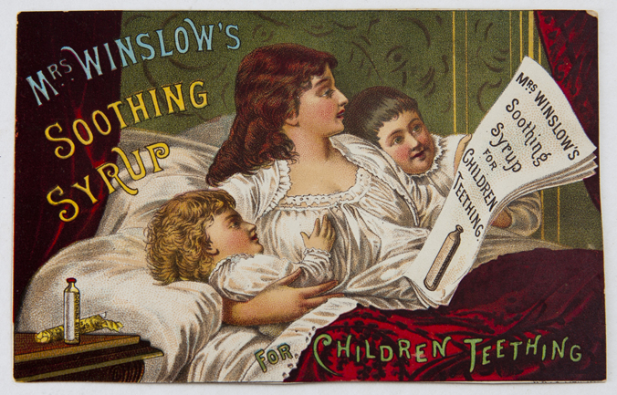 Victorian-era illustration of a mother reading to two children, promoting Mrs. Winslow's Soothing Syrup for teething.