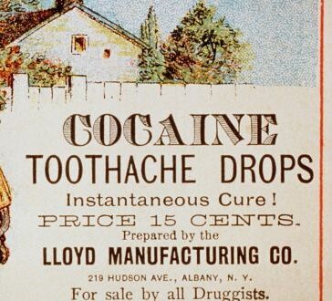 Vintage advertisement for cocaine toothache drops, highlighting price and manufacturer details.