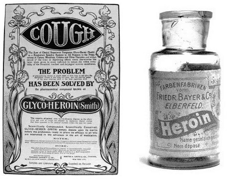 Vintage advertisement for Glyco-Heroin, alongside a glass bottle labeled "Heroin" from Bayer & Co.