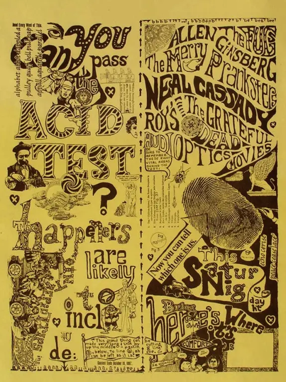 Vintage poster featuring psychedelic typography and illustrations, promoting the Acid Test with playful graphics and quest...