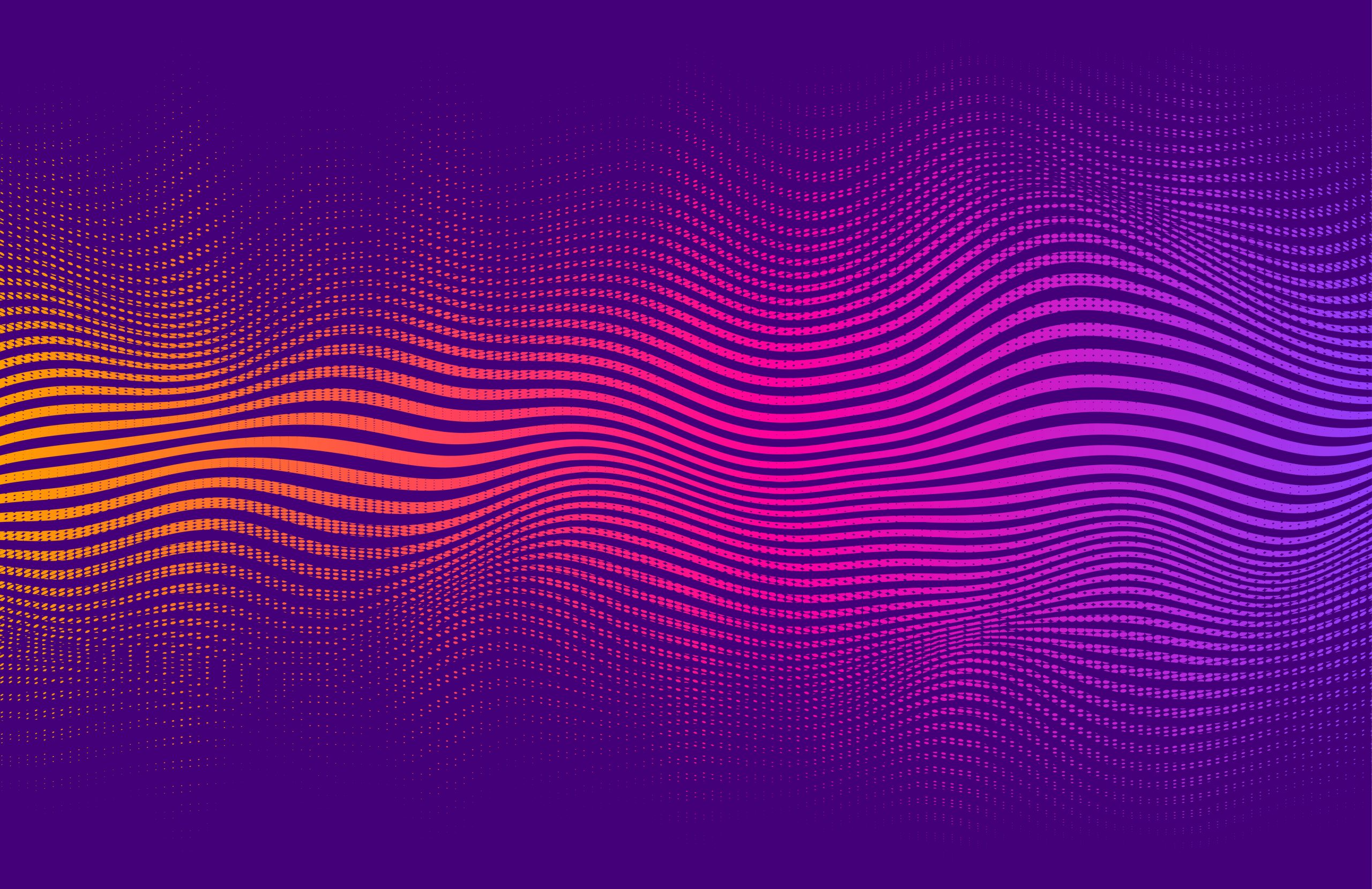 Wavy lines in vibrant shades of purple, pink, and orange create a dynamic, flowing pattern against a dark background.