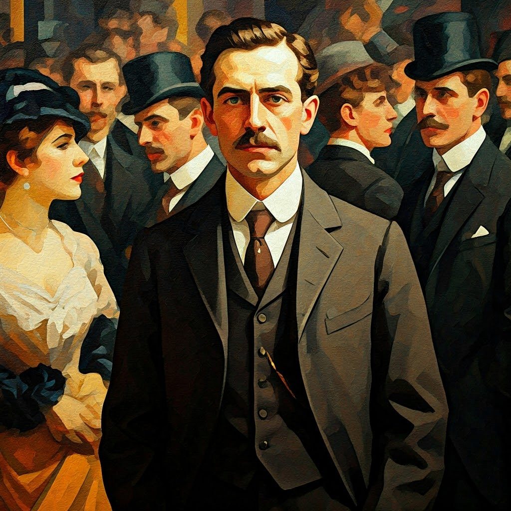 A well-dressed man stands confidently in a crowd of elegantly attired individuals from the early 20th century.