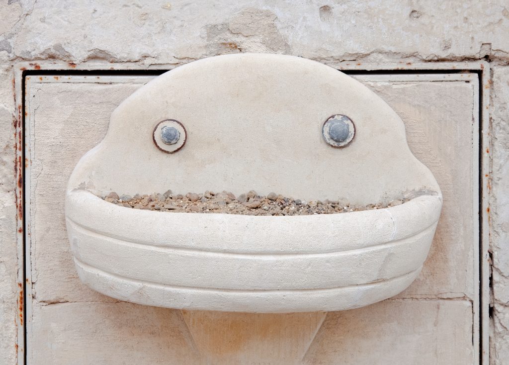 Whimsical wall planter shaped like a smiling face, with eyes and a mouth, filled with soil.