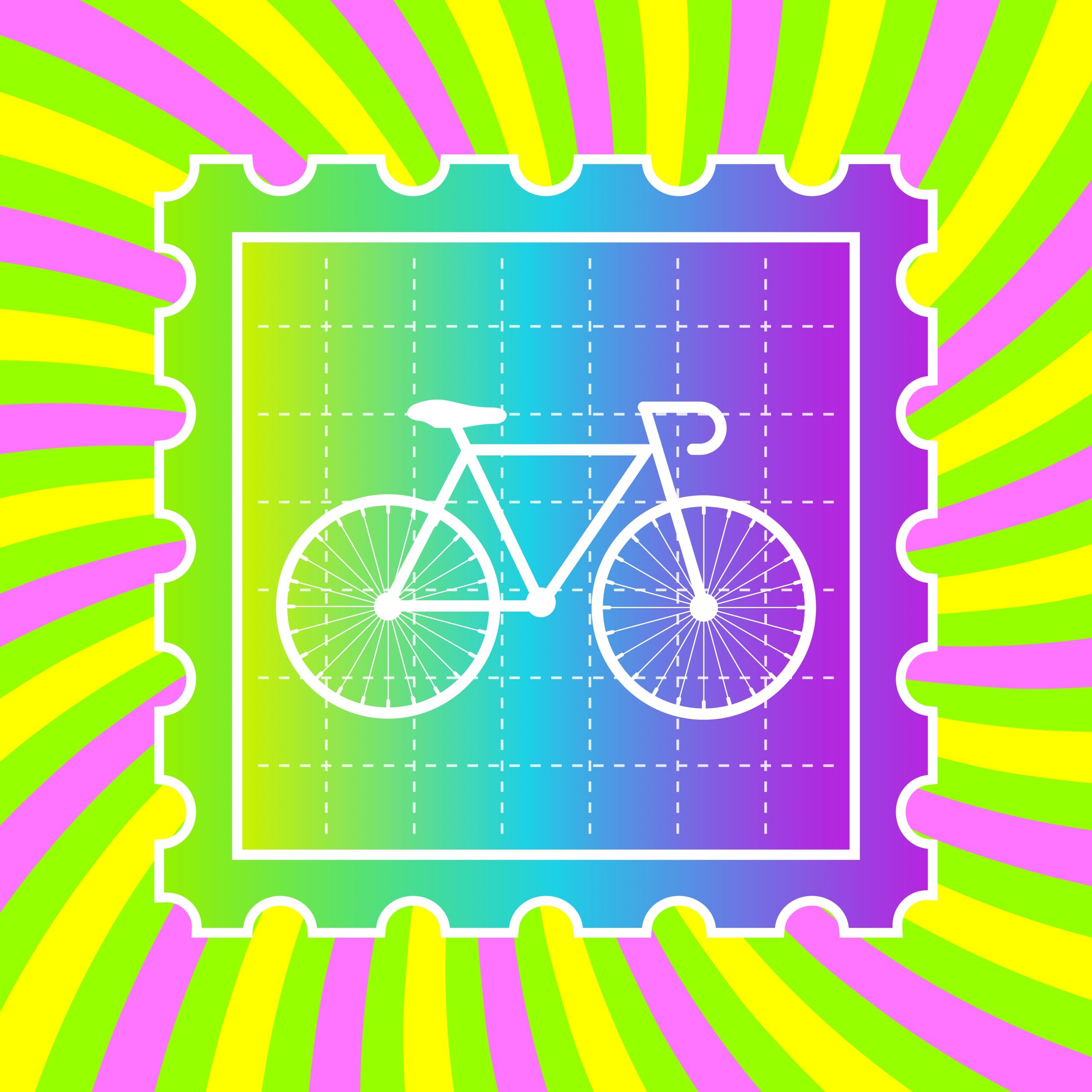 White bicycle silhouette on a vibrant, multicolored spiral background with a stamp-like border.