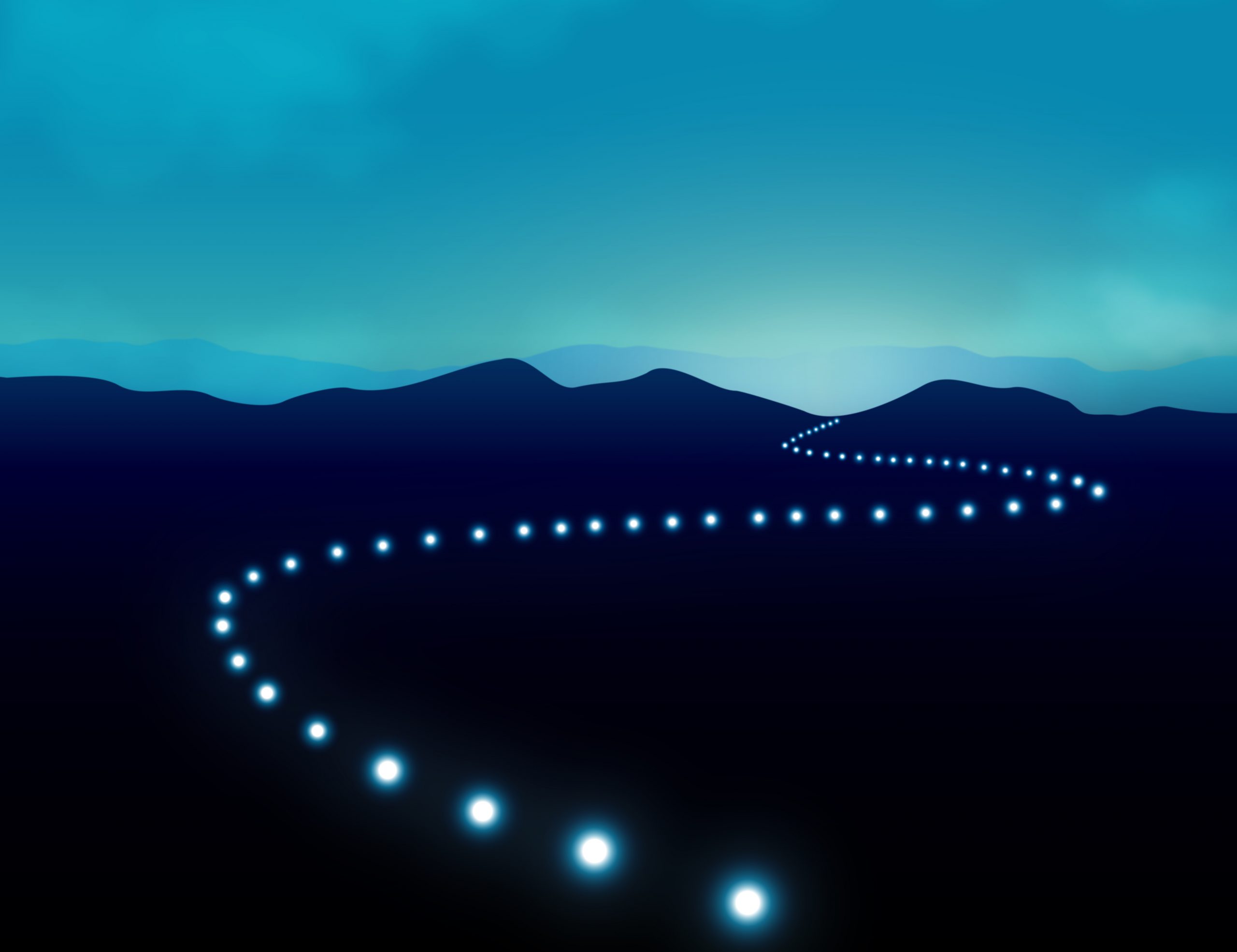 A winding path of glowing blue orbs leads through dark, rolling hills under a misty, twilight sky.