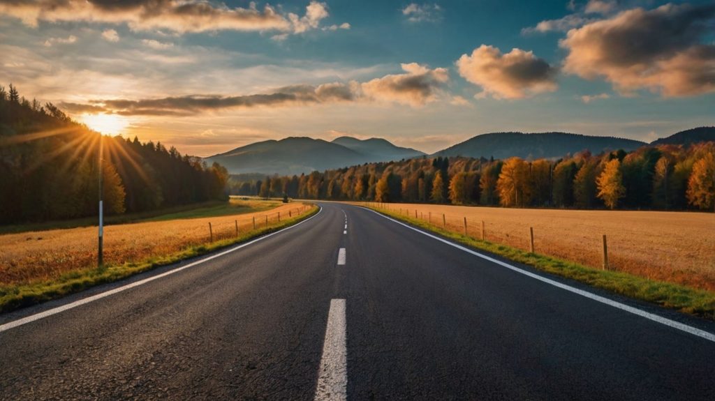 Winding road through a golden field, framed by mountains and a sunset with scattered clouds.