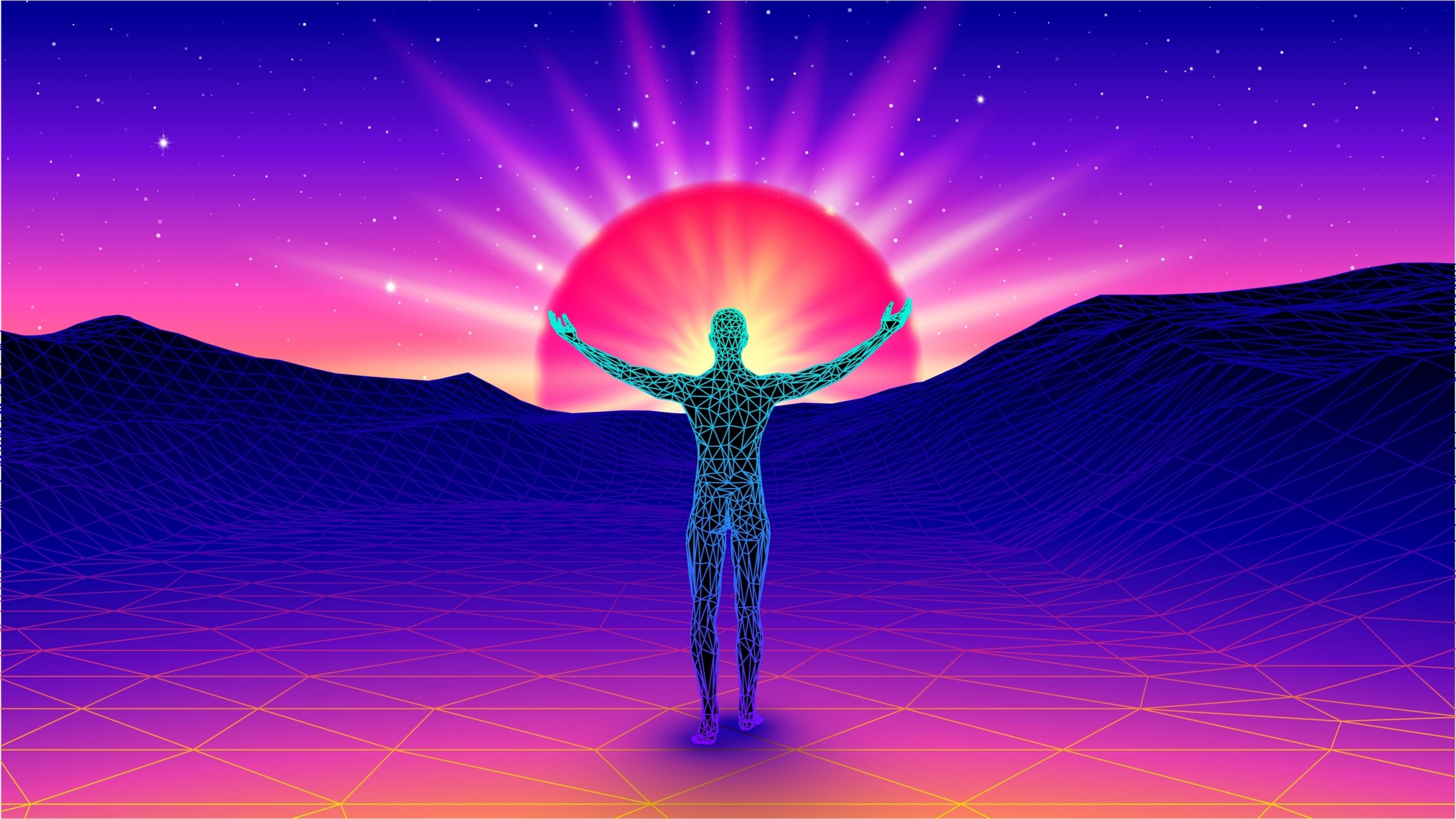Wireframe figure stands with arms raised against a vibrant sunset, surrounded by stylized mountains and a starry sky.