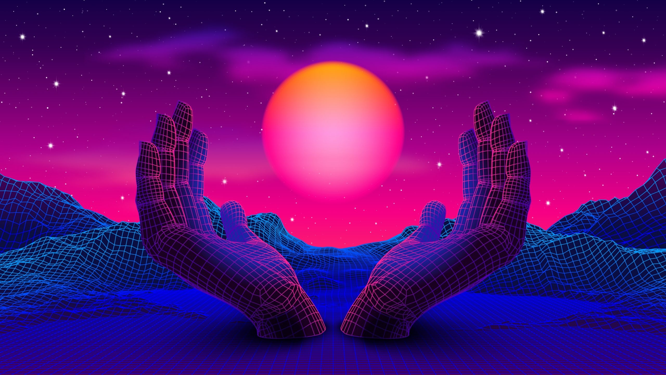 Wireframe hands cradle a glowing sun against a vibrant purple and pink starry sky, with stylized mountains in the background.